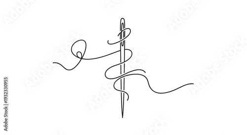 Continuous line drawing of a sharp sewing needle with a winding thread representing embroidery and handicraft.