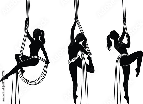 Black Silhouette Set of Female Aerial Silk Performers Executing Graceful Acrobatic Poses Isolated on White Background for Circus Arts Fitness Dance and Gymnastic Designs