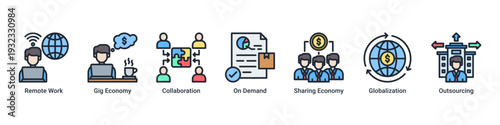 Work Evolution web banner icon vector representing modern workforce models,remote collaboration,gig economy,and global business flexibility