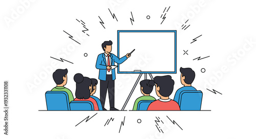 Professional speaker presenting data on a whiteboard to a seated audience in a conference or classroom setting.