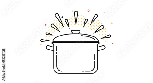 Kitchen cooking pot icon with steam or heat rays emanating from the lid in a minimalist thin line art style.