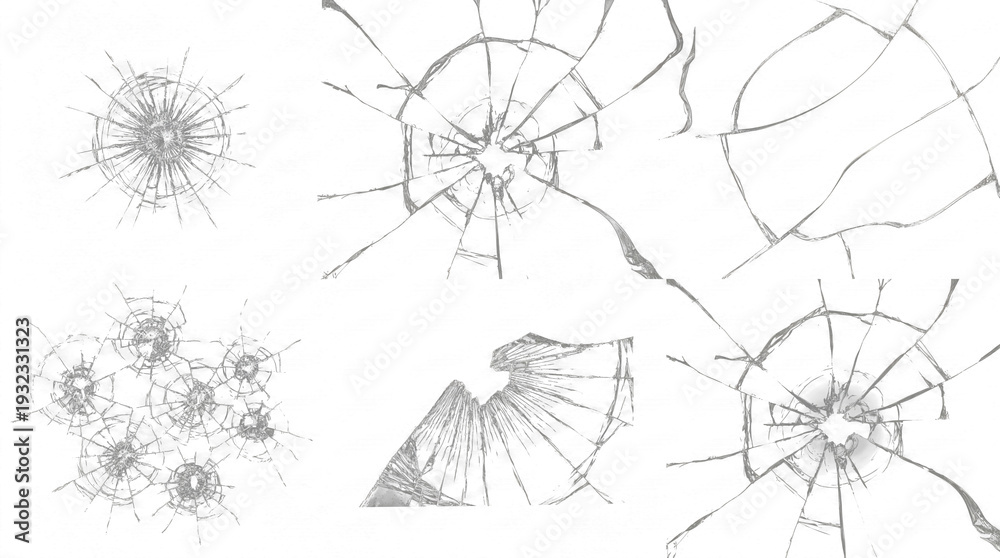 Obraz premium intricate spiderweb-like cracks on a broken glass surface, radiating from multiple impact points, captured in high contrast against a transparent background for dramatic effect.
