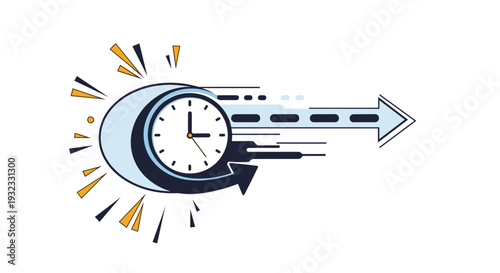 Time management icon featuring a fast moving clock with speed lines and arrows representing efficiency and haste.