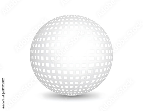 A white, three-dimensional sphere with a grid-like pattern covering its surface. The sphere casts a subtle shadow beneath it on a white background