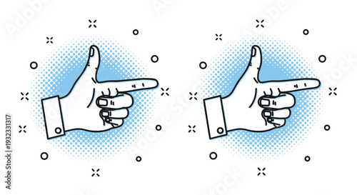 Two hand icons forming a gun shape pointing to the right with a blue dotted halftone pattern for emphasis.