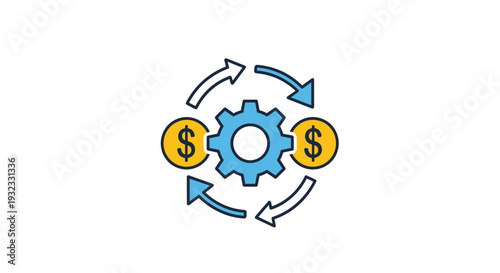 Financial process icon featuring a blue gear between two gold dollar coins with arrows showing circular flow.