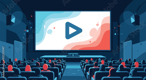 Modern movie theater interior with silhouetted audience members watching a large screen with a play symbol.