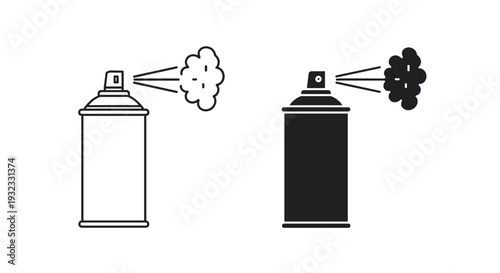Aerosol spray can icons in outline and solid black versions with a cloud of mist coming from the nozzle top.