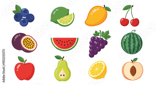 Set of twelve different colorful fruit icons including apple, pear, and mango in a clean flat vector design.