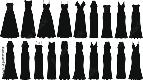 Mega collection of elegant black evening gown silhouettes and formal dress icons isolated on white background for fashion design wedding invitations and apparel illustrations