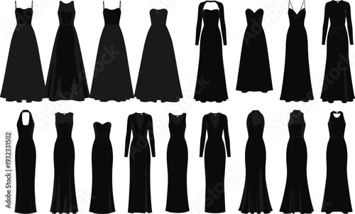 Set of elegant black evening gown silhouettes and long formal dress icons isolated on white background for fashion design wedding invitations and apparel illustration