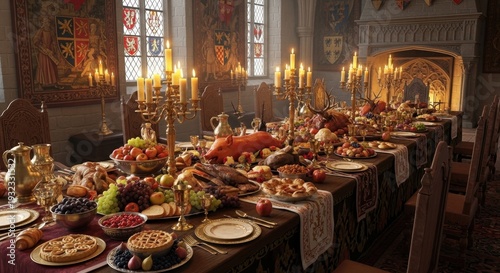 A lavish medieval banquet setup with abundant food and lit candelabras in a grand, ornately decorated hall with stained glass windows.