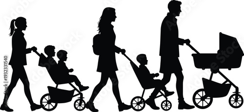 Black Silhouette Set of Parents Walking with Baby Strollers and Toddlers Isolated on White Background for Family Outdoors Parenting Lifestyle and Childhood Growth Concepts