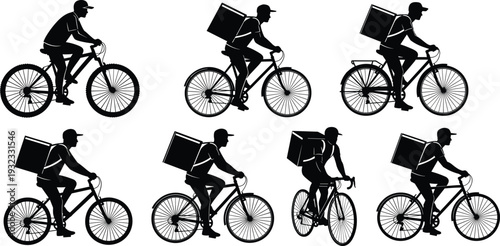 Set of black silhouettes featuring bicycle delivery couriers with backpacks riding bikes in different poses isolated on white background for food and package transport.