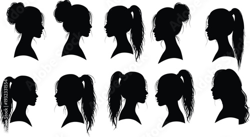 Silhouette profiles of women with various hairstyles