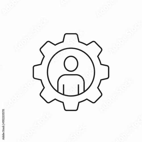 Minimalist black line icon of a project manager inside a gear cogwheel isolated on white background, ideal for human resources management, technical support services and administrative workflow