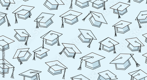 Background pattern of blue academic graduation caps with tassels scattered across a light blue color surface.