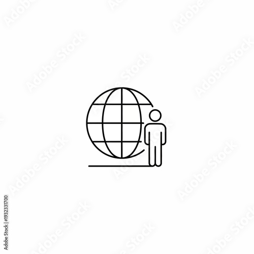 Minimalist line icon of a global business manager standing next to a world globe symbol on white background, ideal for international trade website, corporate logistics app and global branding