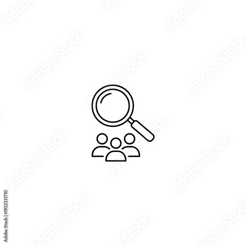 Minimalist black line icon of a magnifying glass searching through a group of office employees and candidates, ideal for recruitment agency branding, human resources and talent acquisition