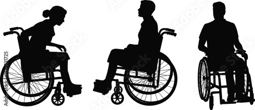 Wheelchair user silhouettes collection set, disabled people in motion, accessibility and inclusion concept for medical healthcare