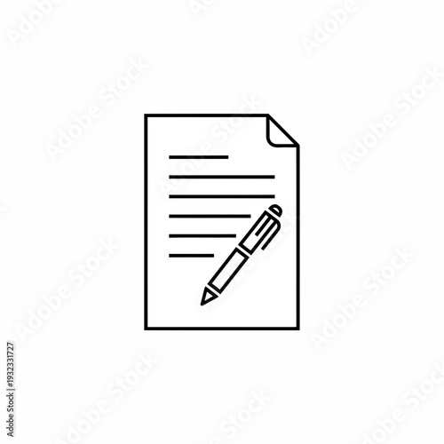 Black line icon of a document paper sheet with written text lines and a ballpoint pen on white background, ideal for business documentation, office materials and legal contract interface
