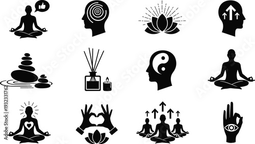 Meditation and mindfulness icons set, yoga lotus zen balance vector illustration collection isolated on white background
