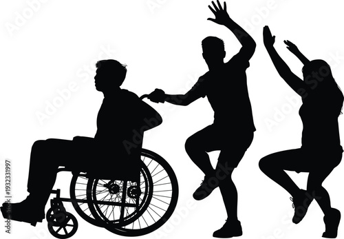 Happy people dancing silhouettes collection set, wheelchair user having fun with friends, inclusive party celebration elements