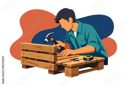 Man building wooden furniture with hammer and nails.