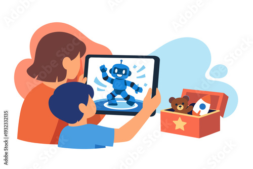 Child and adult interacting with robot on tablet screen.