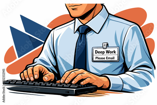 Man Typing on Keyboard with Deep Work Badge.