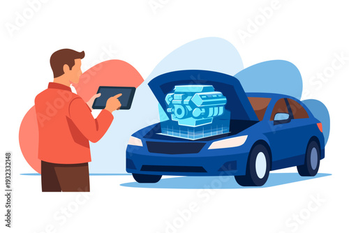 Man using tablet to analyze futuristic car engine hologram.