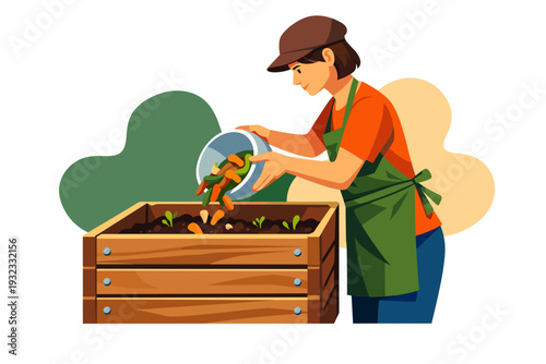 Woman adding compost to wooden planter box for gardening.