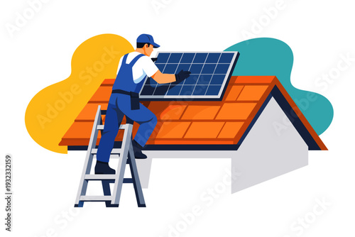 Solar panel installation worker on a rooftop ladder.