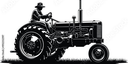 Vintage Farmer Driving Classic Tractor Silhouette Illustration in Retro Engraving Style, Agricultural Machinery on Rural Farm Field, Black and Blue Vector Artwork