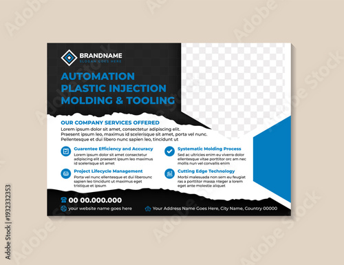 abstract horizontal flyer design template with example of headline is automation plastic injection molding and tooling. combination blue and black colors element isolated on white background