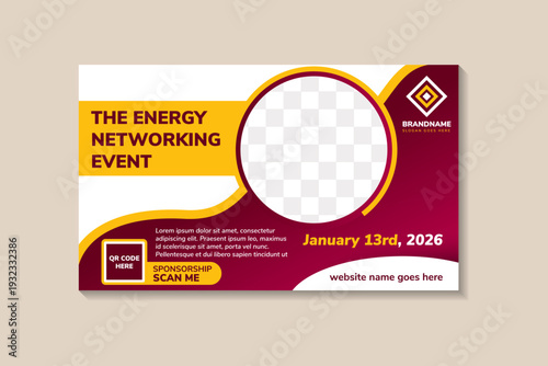 Dynamic renewable energy banner. the energy event networking event page promotional marketing template design. vector illustration on horizontal layout background with photo space. yellow and red grad