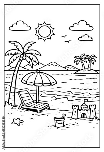 Outline vector graphic illustration depicting a relaxing tropical beach scene with palm trees, sun, lounge chair, and sandcastle design elements.