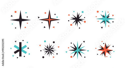 A collection of retro starburst shapes in vibrant colors perfect for design projects on transparent background silhouette high quality