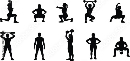 Women fitness and weightlifting silhouettes collection set, female athletes working out with gym equipment and barbells