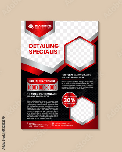 Car Detailing specialist flyer template design. combination black and red colors on background and elements. hexagon shapes for frame of photo space. vertical layout vector illustration