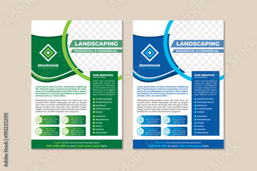 Lawn Care Services, commercial and residential flyer template on vertical layout. collection of vector illustration with two color scheme or element are green and blue. photo space on white background
