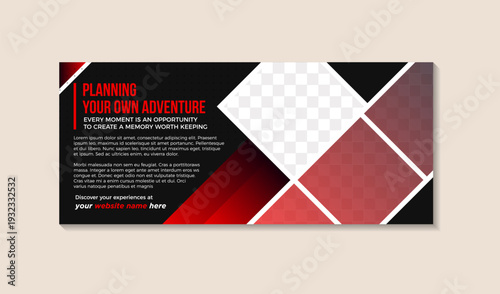 planning your own adventure template design. combination black and red gradient colors. square shape for photo collage on diagonal layout. horizontal layout design