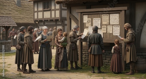 Wallpaper Mural Villagers gathered around a wooden notice board reading posted announcements in a medieval European town square on a sunny day Torontodigital.ca