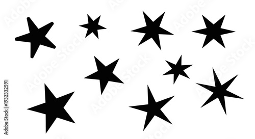 A collection of diverse black five pointed stars scattered across a void on transparent background silhouette high quality professional detailed