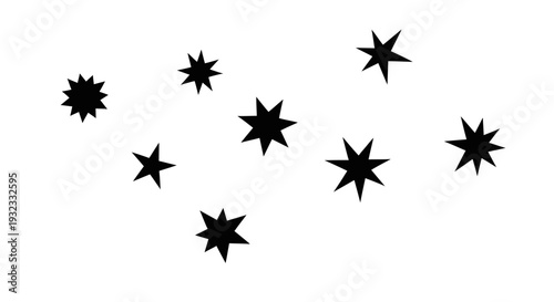 A collection of black stylized star shapes scattered across a void ideal for design work on transparent background silhouette