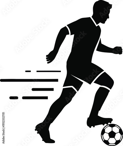 Silhouette graphic depicting a focused soccer player aggressively dribbling the ball while running quickly on the field