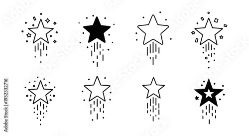 A collection of four shooting star designs in varying styles all presented on transparent background silhouette high quality professional