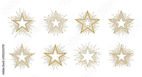 A collection of eight golden starbursts with radiating lines ideal for design projects on transparent background silhouette high quality