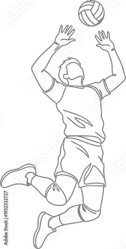 Minimalist line art drawing depicts a male volleyball player executing a powerful jump serve against a white background