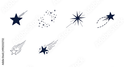 A collection of dark blue shooting stars and sparkling starbursts ideal for design elements on transparent background silhouette